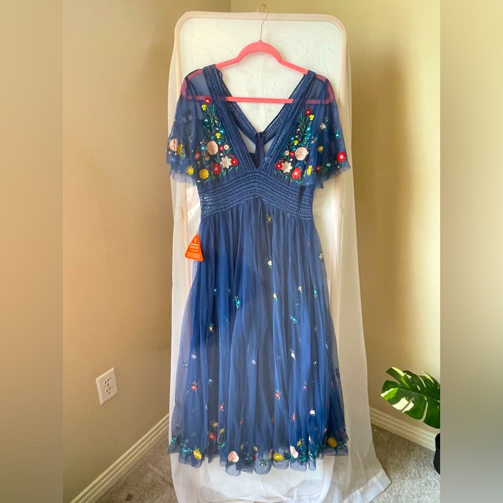 Frock & Frill Deep Blue Flower Embroidered Midi Dress